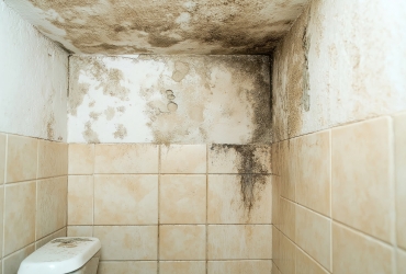 Moldy bathroom interior shows water damage on ceiling, walls. Dirty white toilet sits in corner. Dampness, mildew stains. Old house needs renovation. Interior dirty tiles. Problem with moisture